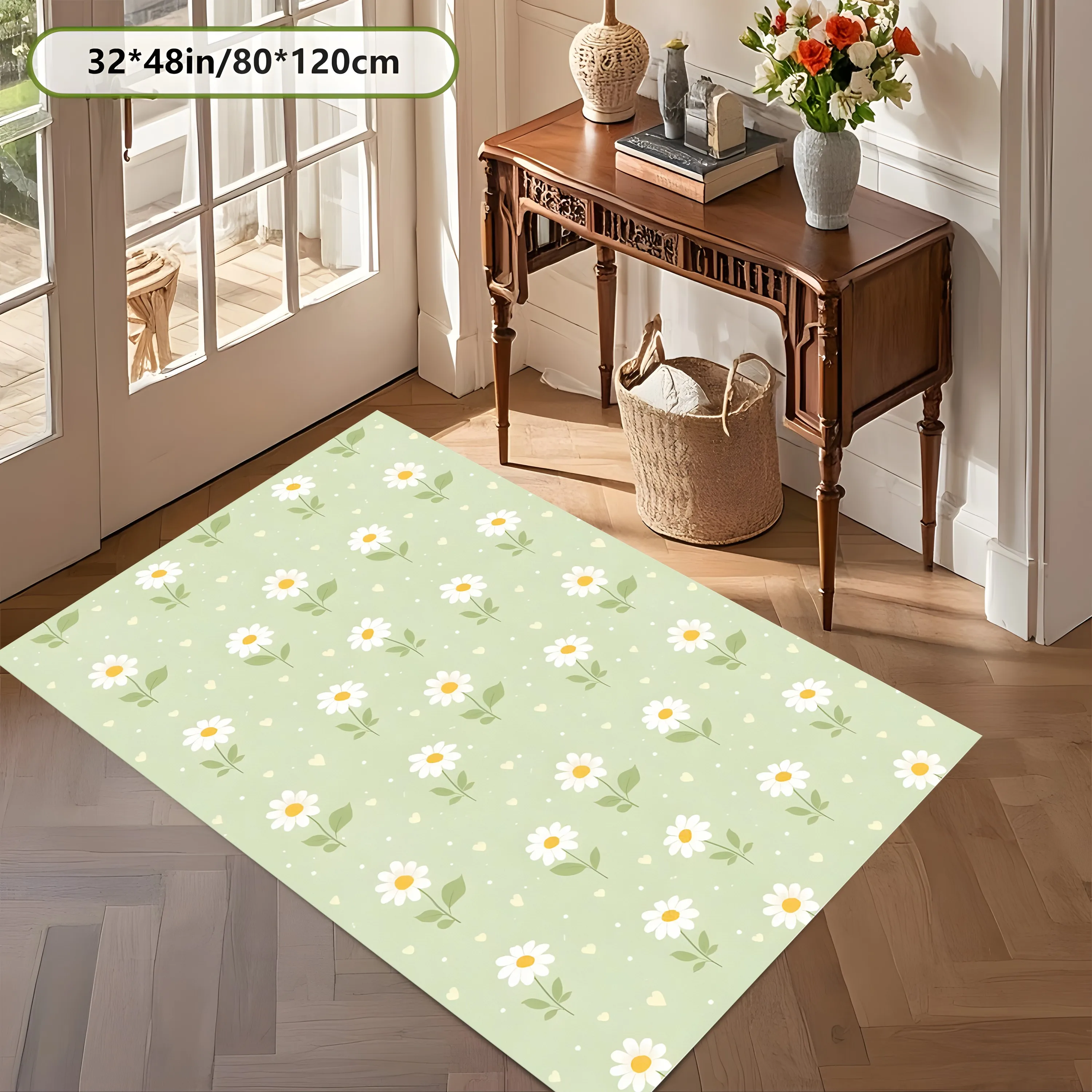 2D Carpet with Light Green Background and Daisy Floral Pattern in a Fresh, Soothing Style for Bedroom and Living Room