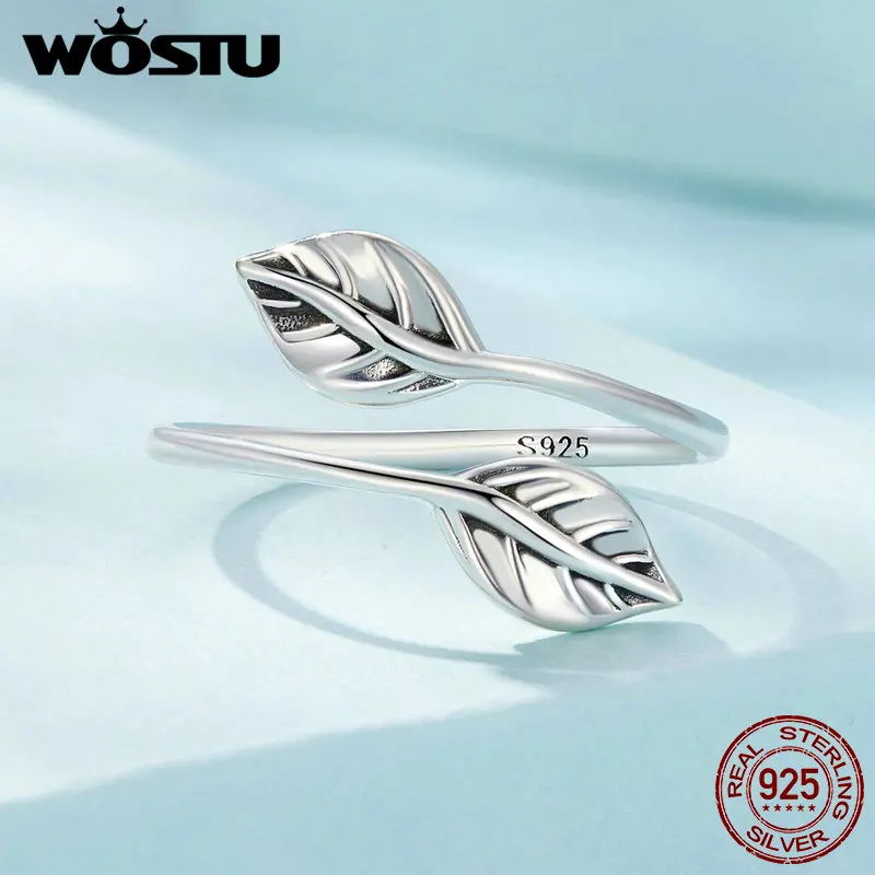 WOSTU Real 925 Sterling Silver Vintage Leaf Open Ring For Women Classical Stackable Adjustable rings Party Jewelry Gift Handmade