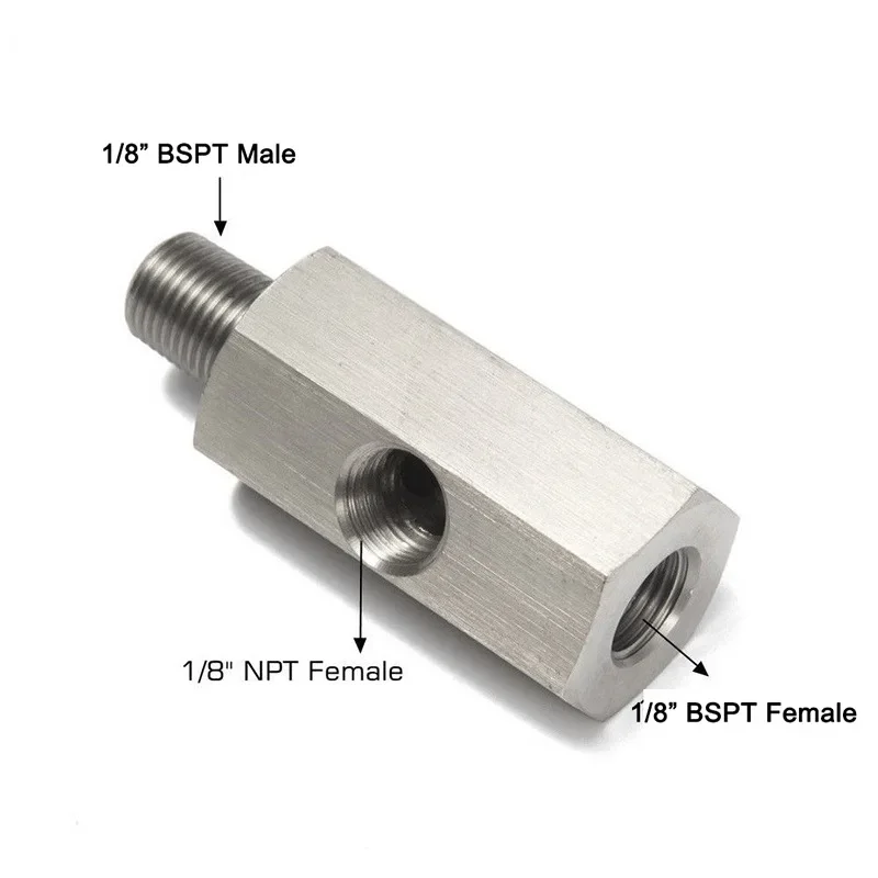 Stainless Steel 1/8BSPT Female To 1/8NPT Oil Pressure Sensor Feed Line Gauge Tee Adapter With Gasket
