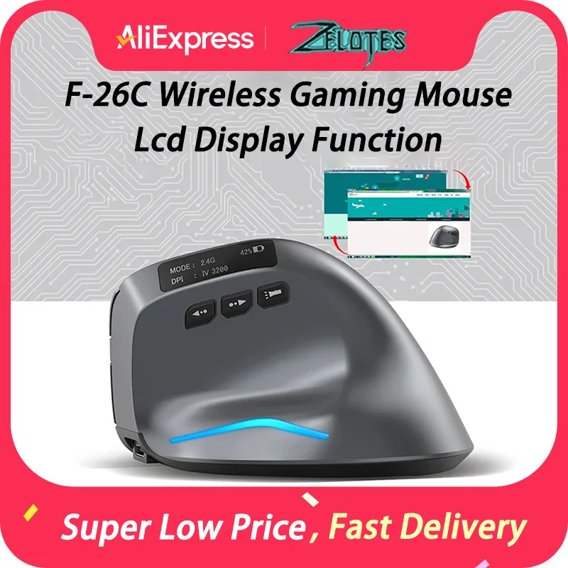 Zelotes F-26C computador portátil escritório mouse 3200dpi 2.4g sem fio bluetooth mouse 8 botões recarregável vertical gaming mouse