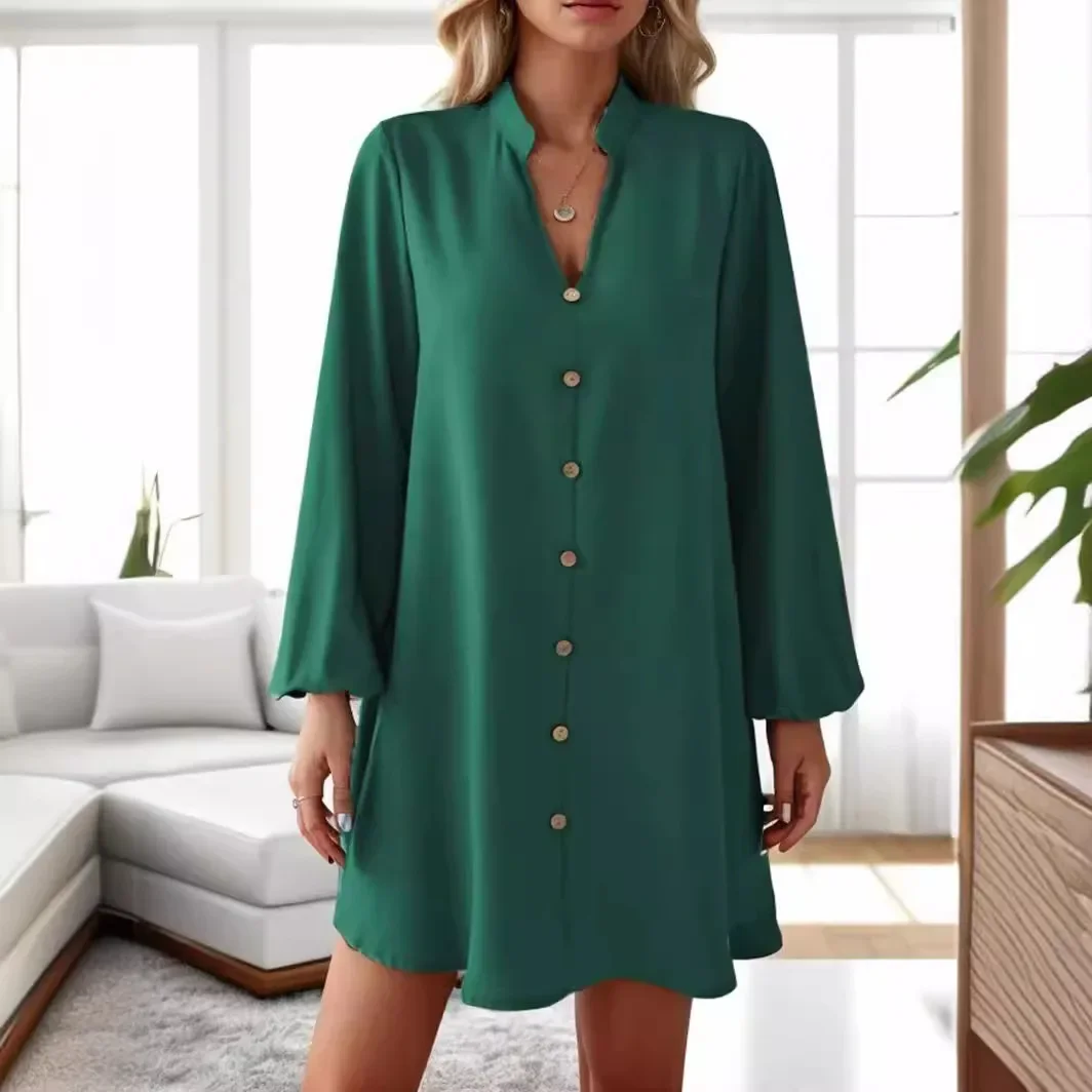 Long Sleeved V Neck Single Breasted Women Party Female Fashion High Waist A Line Office Lady Casual Vestidos Green Chic Dress image 4
