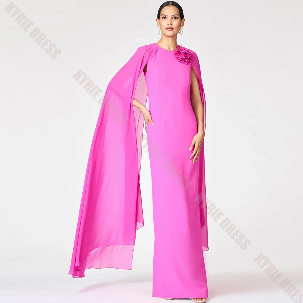 Fashion Mother of The Bride Dresses Customized O-Neck Applique Flowing Cape Sleeveless Wedding Guest Gowns Party Evening Dresses