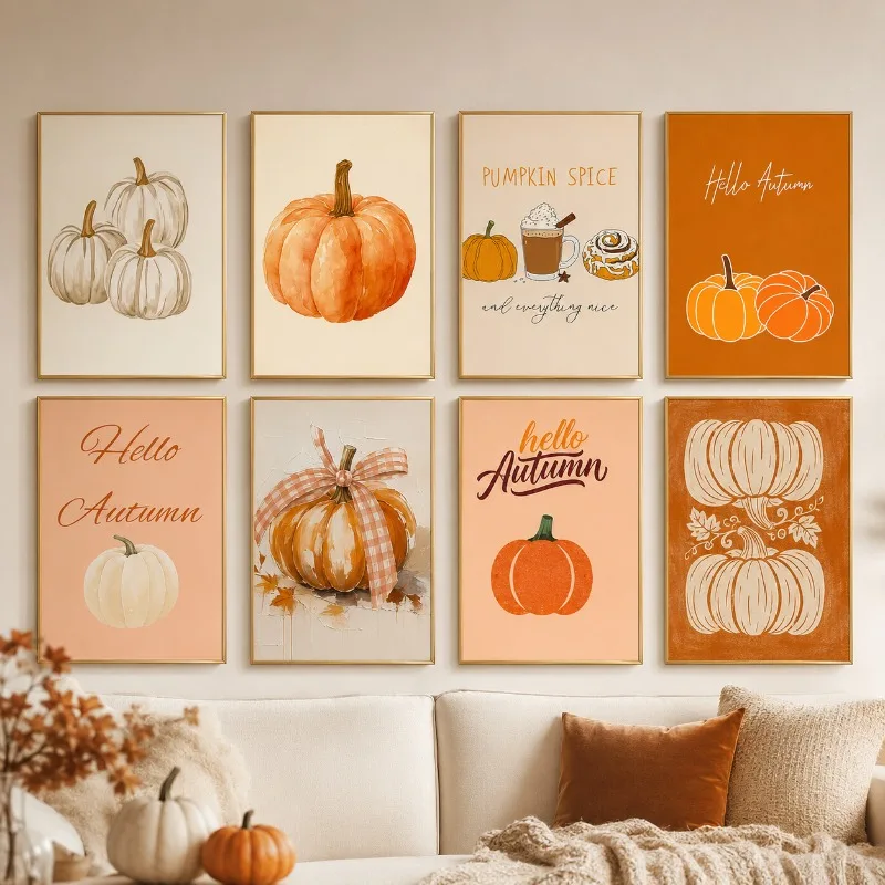 Fall Pumpkin Canvas Gallery Wall Prints Hello Autumn Pumpkin Spice Typography Wall Art Farmhouse Thanksgiving Home Decor Gift