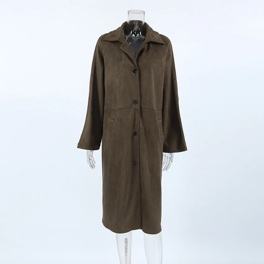 2025 Spring Summer Long Suede Jacket for Women Casual Versatile Vintage-Inspired Brown Long-Sleeve Workwear Trench Outwear