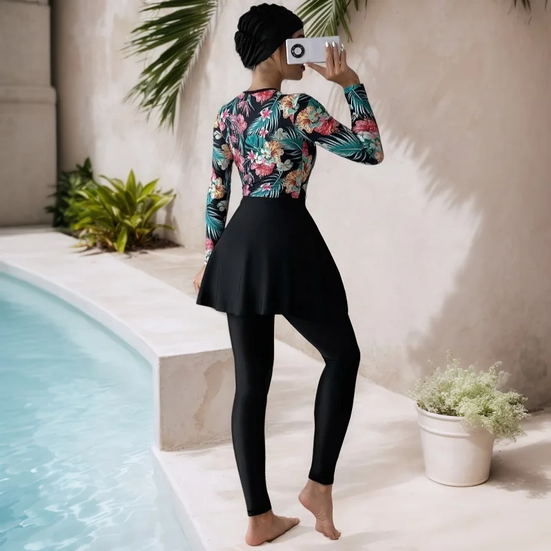Modest Muslim Burkini Swimwear Tropical Floral Print Long Sleeve Front Zip Flared Dress With Pants Ladies 3‑Piece Bathing Suit