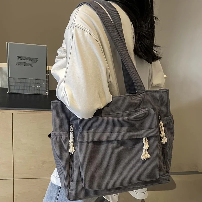Women Solid Color Daily Commuter Handbag Travel Master Corduroy Shoulder Bag Handbag with Zipper Multiple Pocket Tote Bag