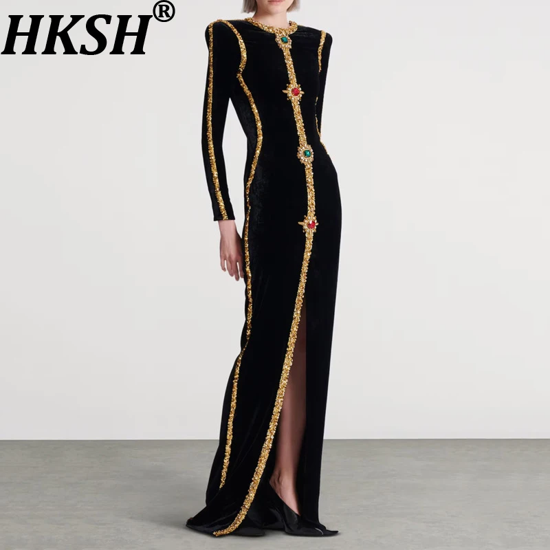 

Женское платье HKSH класса люкс с пайетками и стразами, приталенное, с круглым вырезом, длинными рукавами, разрезом, элегантное, новинка весны 2026 HK19416