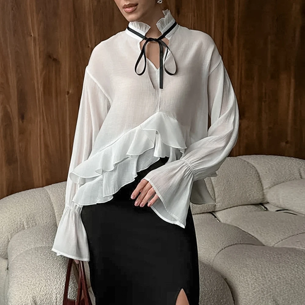 Damska koszula z długim rękawem, marszczona, dopasowana, w stylu europejsko-amerykańskim, elegancka warstwowa bluzka, nowa jesienna moda.