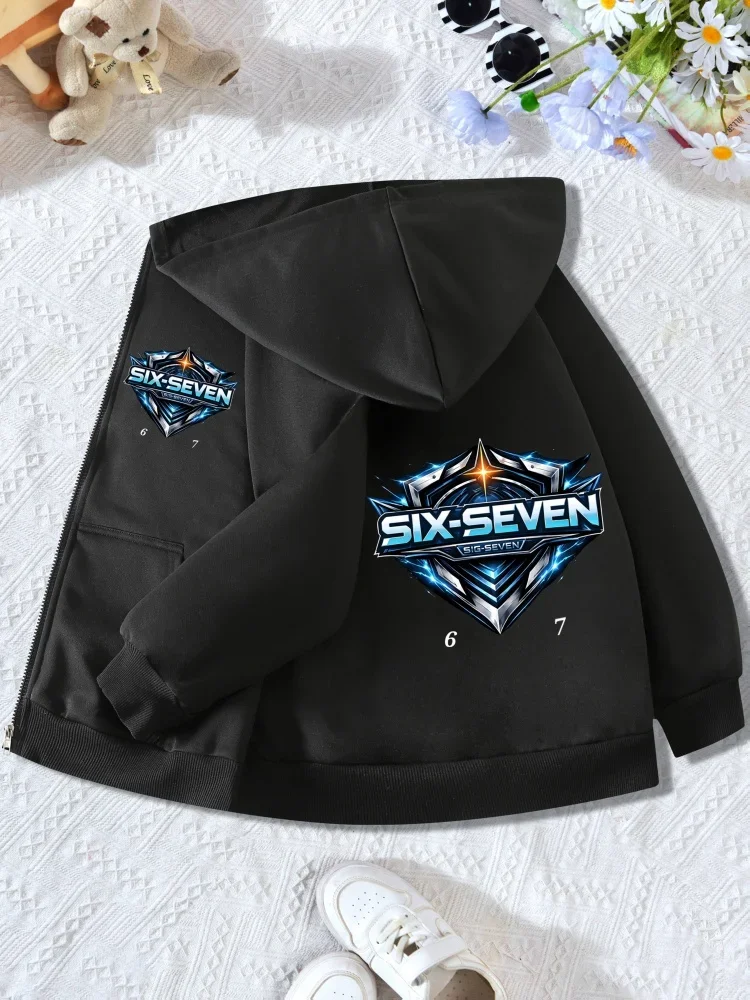 Kids Zip Up Hooded Jacket Six Seven Metallic Shield Star Logo Graphic Long Sleeve Casual Outerwear For Boys Girls