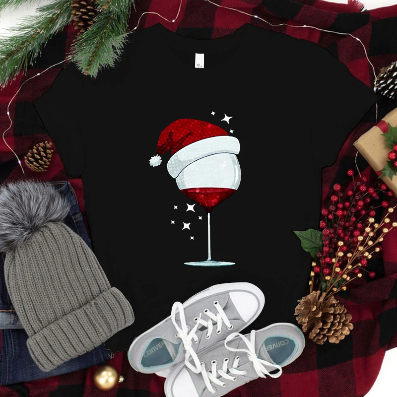 

Hot Christmas Wine Glass Graphic T Shirt Women'S Men' S Fashion T-Shirts Short Sleeve Shirts Summer T-Shirts Plus Size Tops