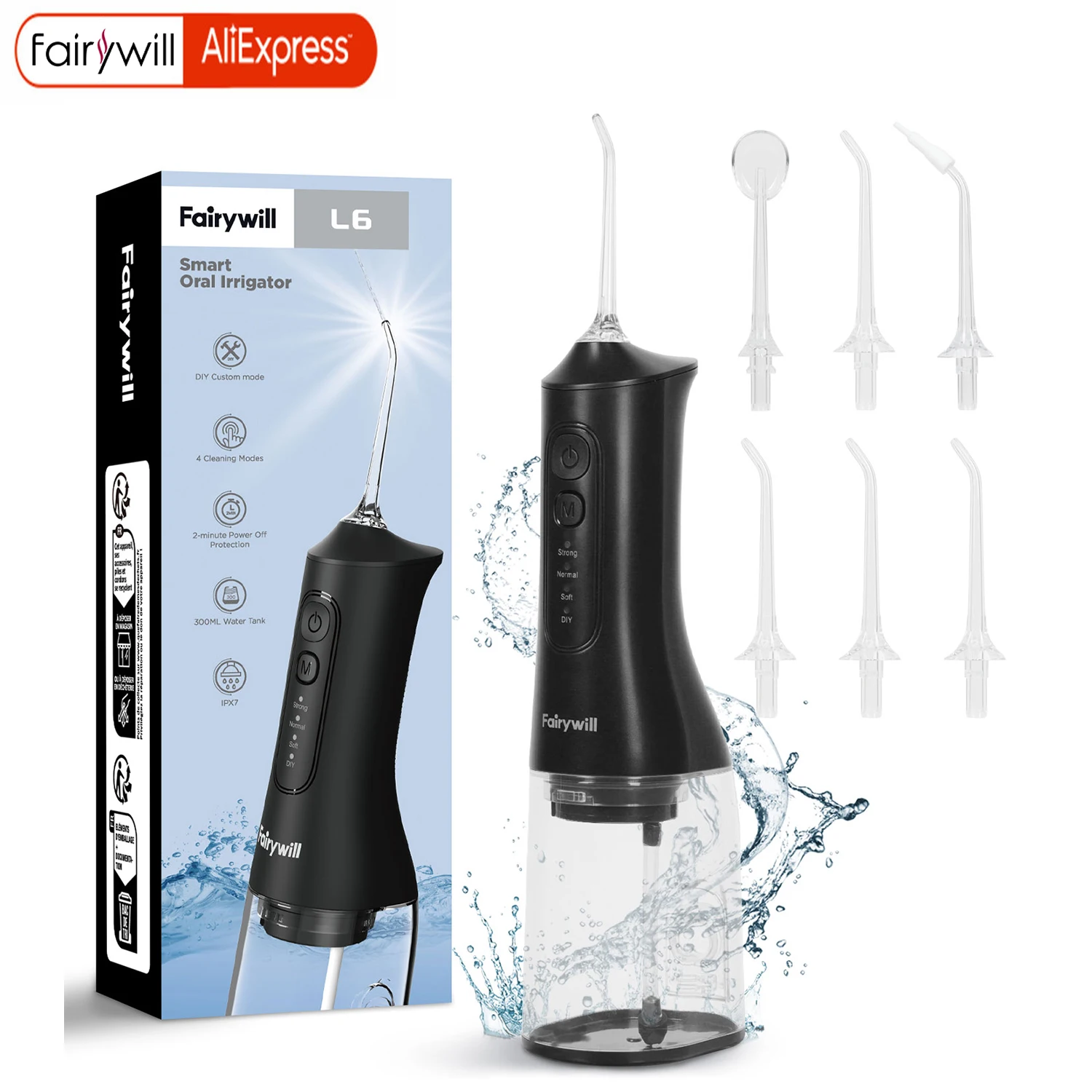 Fairywill USB Portable Oral Irrigator Water Flosser Dental Water Teeth Whitening 300ML 6 Nozzles Mouth Oral Cleaning For Braces