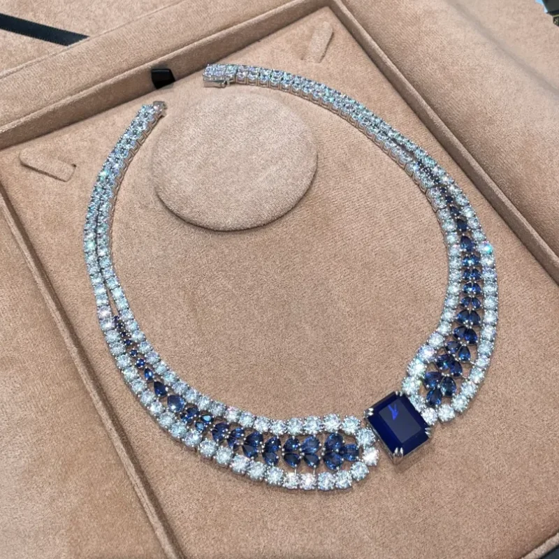 BELLUX New Arrival Luxury Jewelry Large Carat Square Royal Blue Sapphire 925 Silver Artificial Gemstone Fine Banquet Necklace