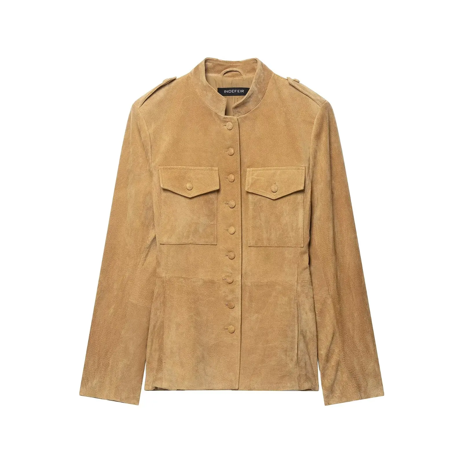 BSAY 2026 Damen Minimalistische Stehkragen-Jacke mit Schulterklappen-Dekoration, Taschen, Knopfverschluss vorne, Langarm, Herbst-Oberbekleidung – Detail 2