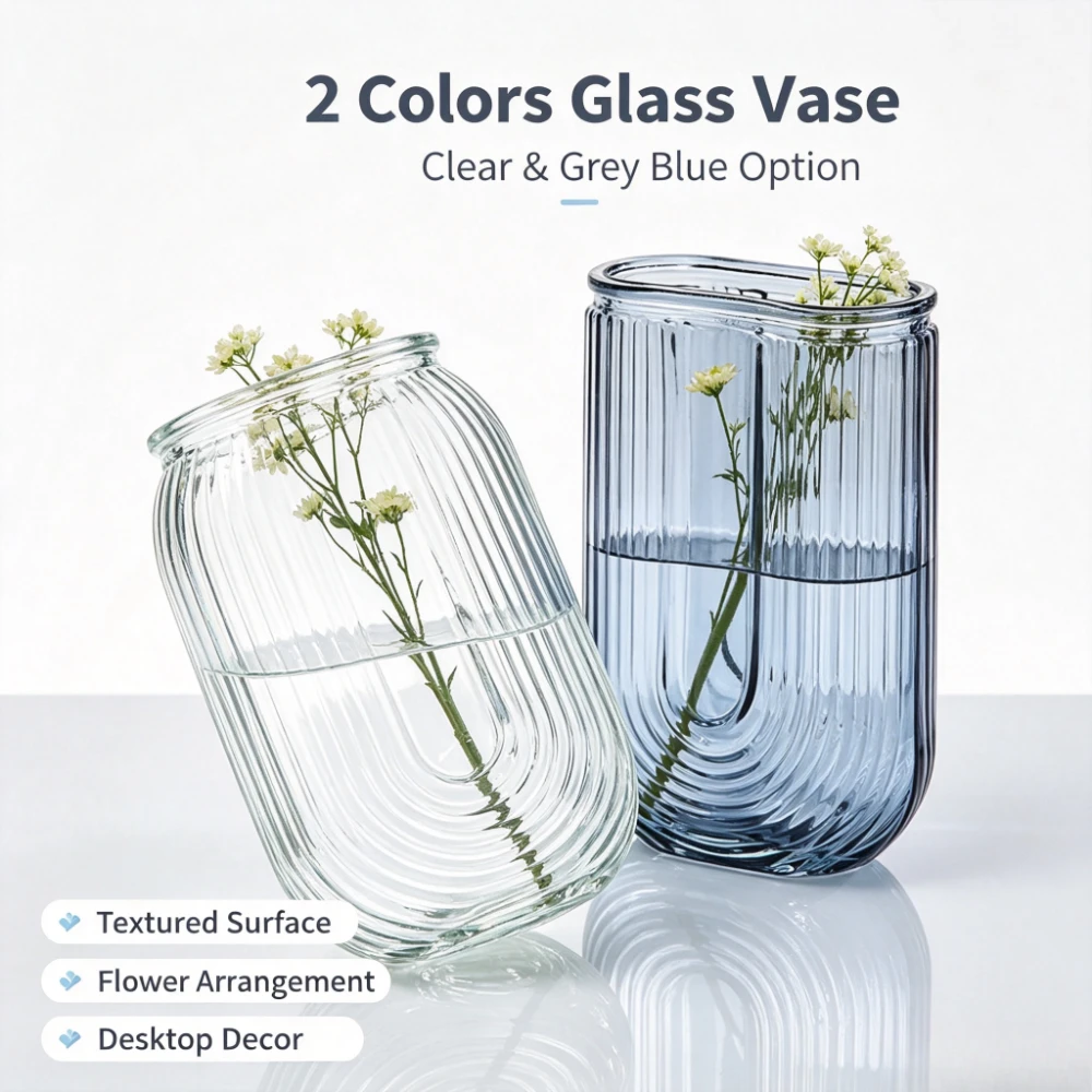 Oval Ridged Transparent Glass Vase Handmade Flower Pot Minimalist Desktop Kitchen Window Dining Table Home Ornament