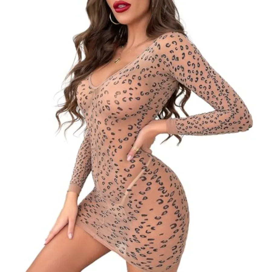 

Sexy Lingerie for Women Leopard Print Bodycon Mini Dress Long Sleeve V-Neck Stripper Outfits Mesh Chemise Babydoll