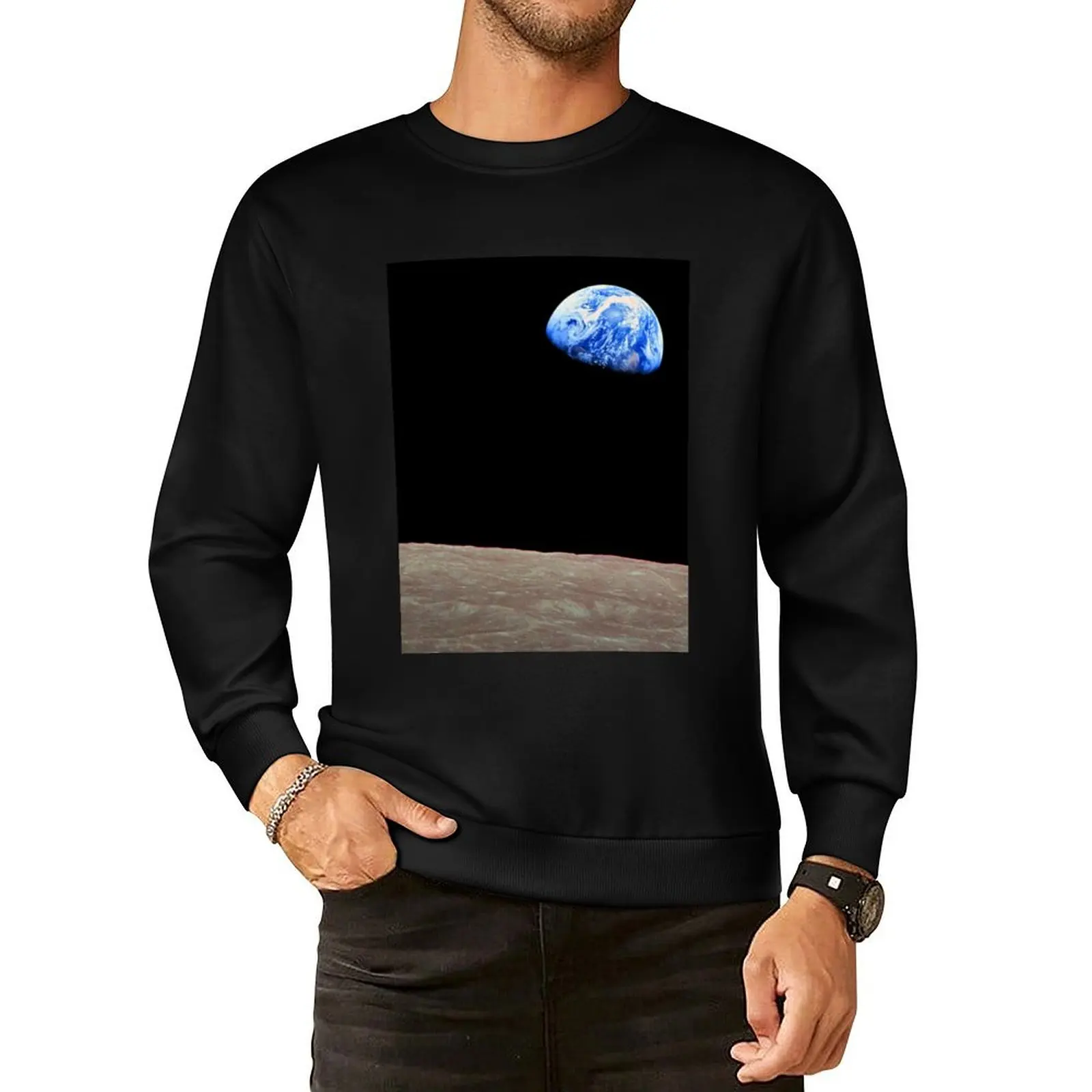 

Earthrise Over the Lunar Surface. Pullover Hoodie autumn korean autumn clothes hooded sweatshirt for men