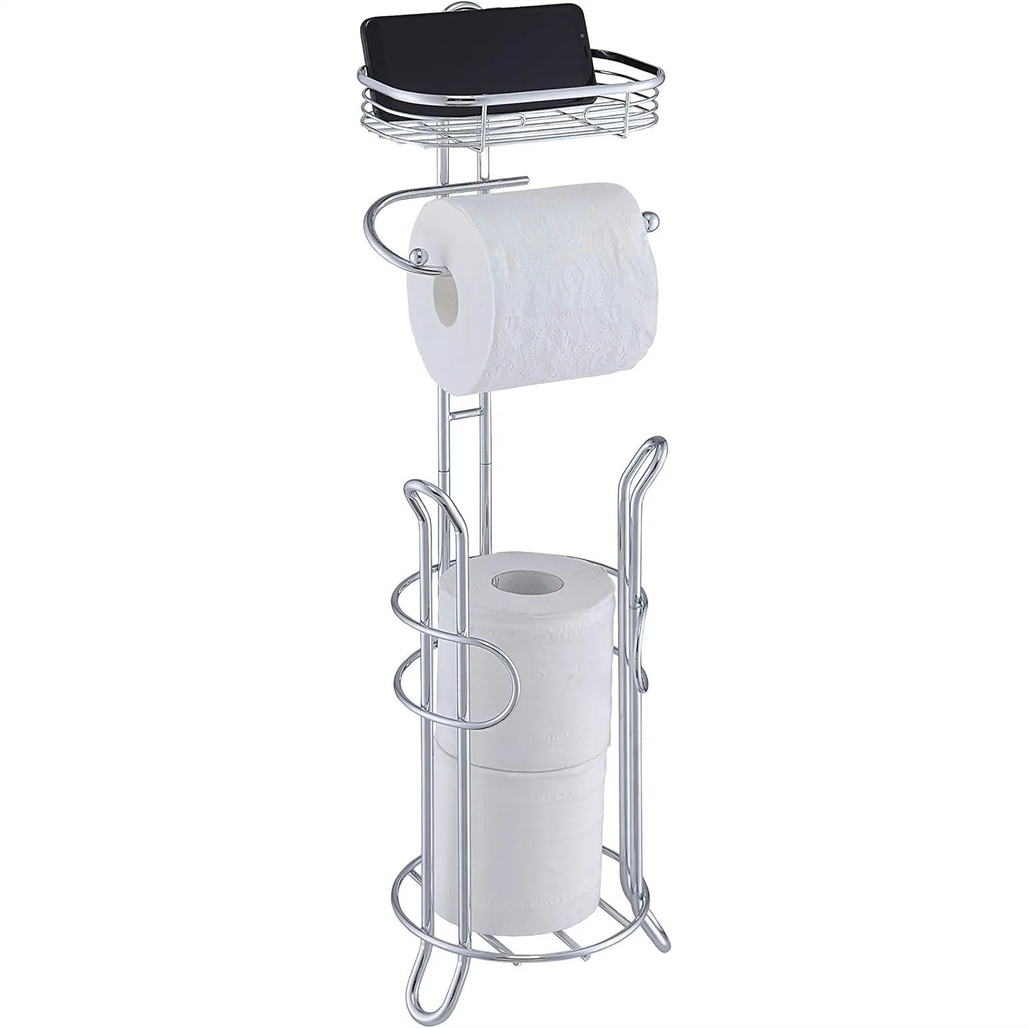 

Bathroom Toilet Paper Holder Stand with Storage, Heavy Duty Chrome Tissue Roll Stand for 3 Mega Rolls, Free Standing