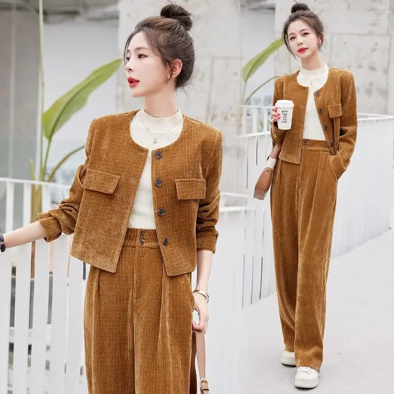 Lnsozkdg Autumn Corduroy Sets Cardigan Coats + Wide Leg Pants 2Pcs Suit Solid Ladies Elegant Outfits Female Fashion Streetwear