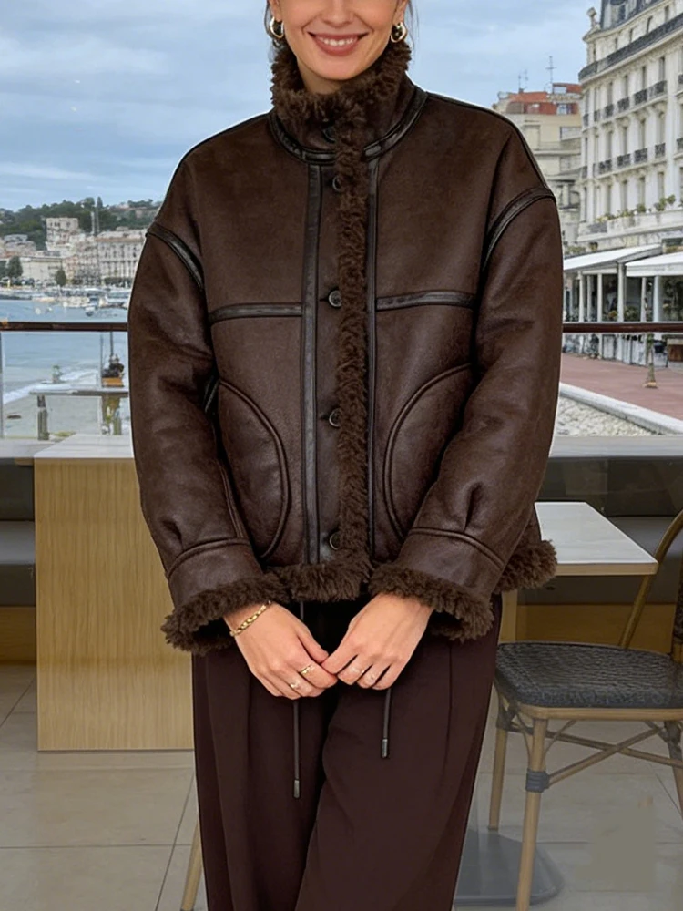 Vintage braune Lammfell-Lederjacke für Damen, übergroßer, mit Kunstpelz gefütterter Mantel, Wintermode-Oberbekleidung