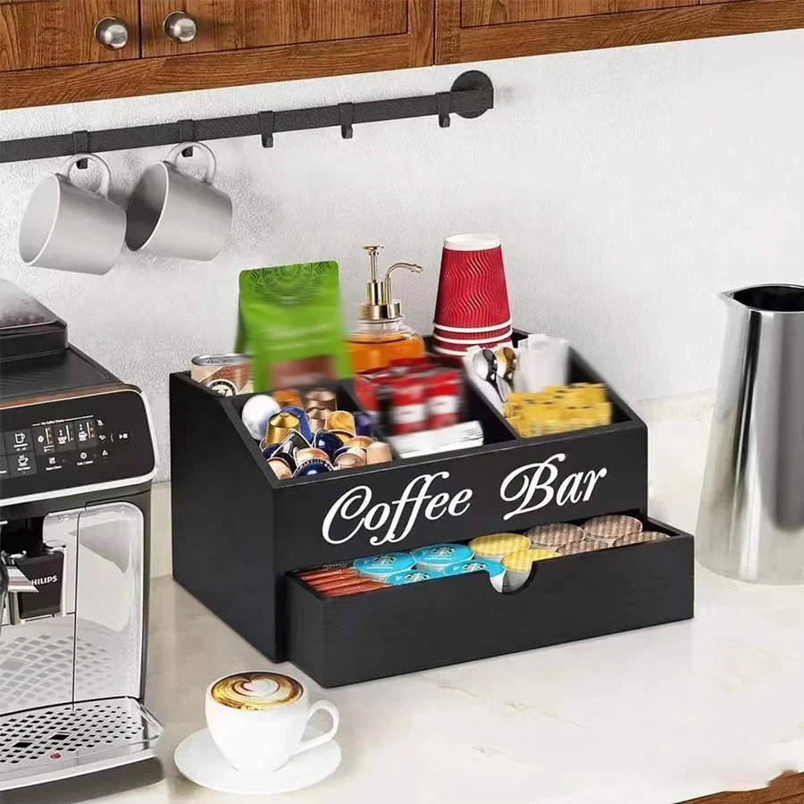 Caja de almacenamiento de café, barra de agua, mostrador, marco de madera, cocina, almacenamiento de escritorio, bolsa de té multifuncional decorativa, cesta, accesorios