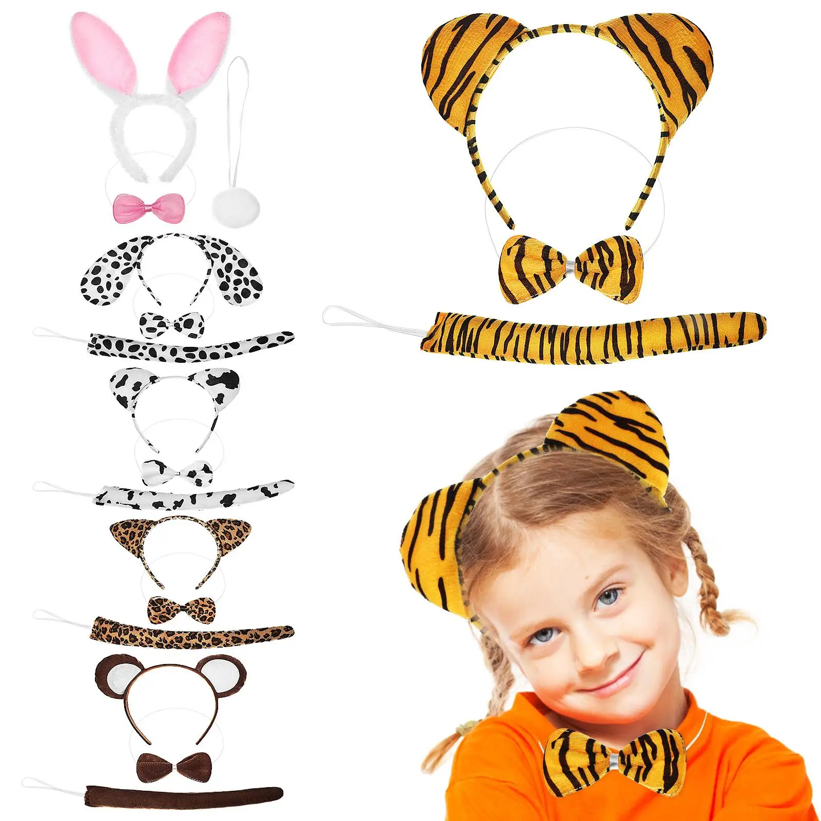 

6 Sets Cartoon Headdress Animal Headbands Kids Adults Costume Ears Tiger Prop Baby Party Accessories Elastic Bowtie Tail Cosplay