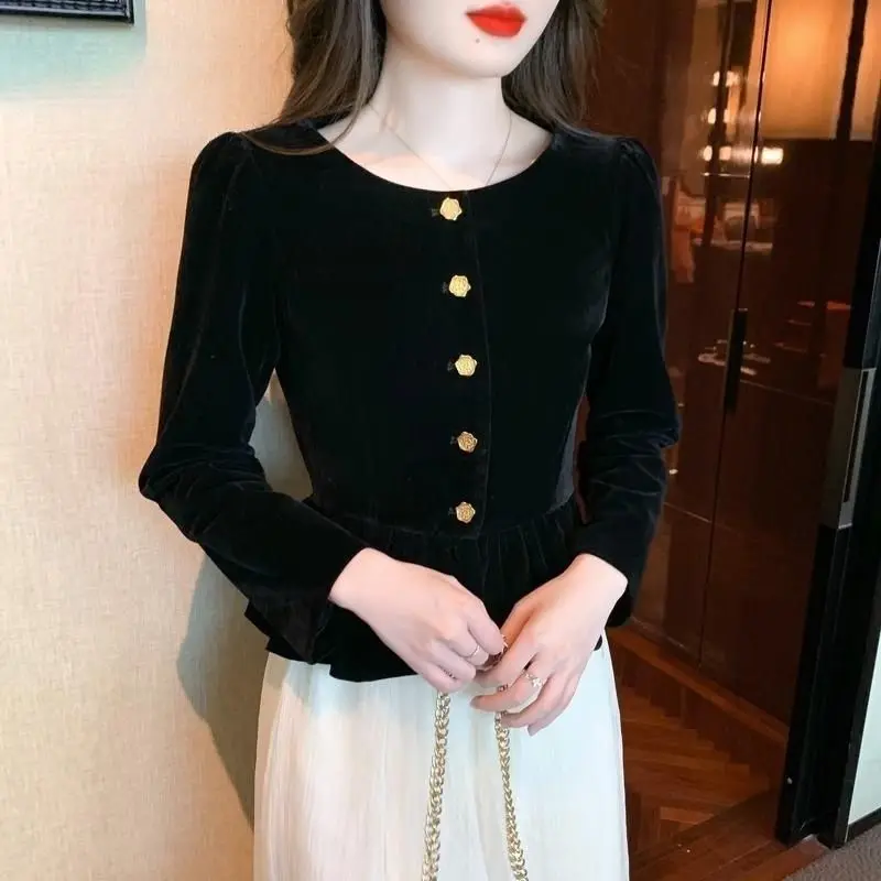 Women Retro High Quality Golden Velvet Elegant Chic Shirts 2023 Autumn Winter Fashion Ruffle Slim Blouses Solid Long Sleeve Tops