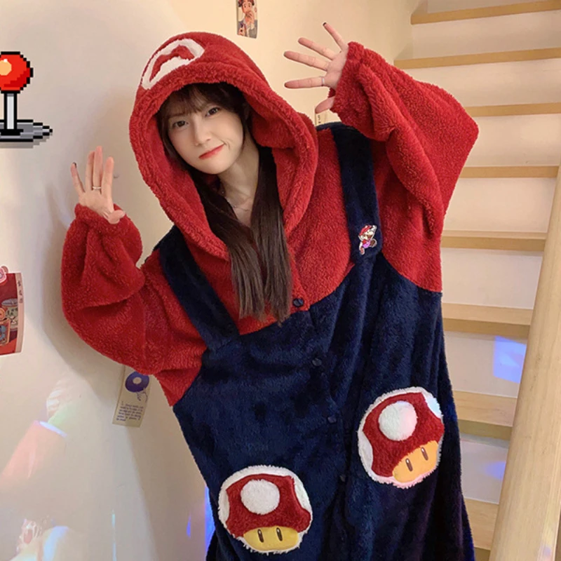 Super Marios Cosplay Flannel Pajamas for Women Thickening Winter Warm Sleepwear Hooded Jumpsuit Anime Kigurumi Onesies for Girls