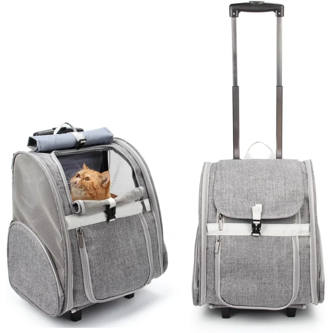 

Pet Rolling Carrier, Dog Backpack with Wheels for Cats and Small Dogs, Travel Bag with Telescopic Handle, Breathable Mesh, Grey