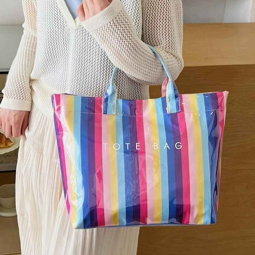

Versatile Waterproof Striped Tote Bag Large Capacity Colorful PVC Handbag Rainbow Glossy Patchwork Shoulder Bag Shopping