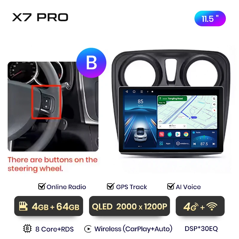 Junsun 11,5 inch QLED Android draadloze CarPlay autoradio voor Renault Logan 2 Sandero 2014-2019 Intelligente systemen DSP SWC