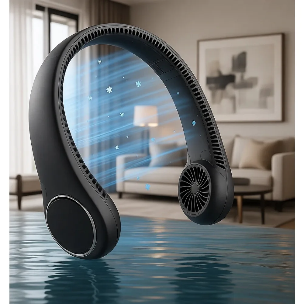 

Персональный охлаждающий вентилятор для шеи, USB-заряжаемый, с вращением на 360°, бесшумный, безлопастной, 3 скорости, 48 часов работы