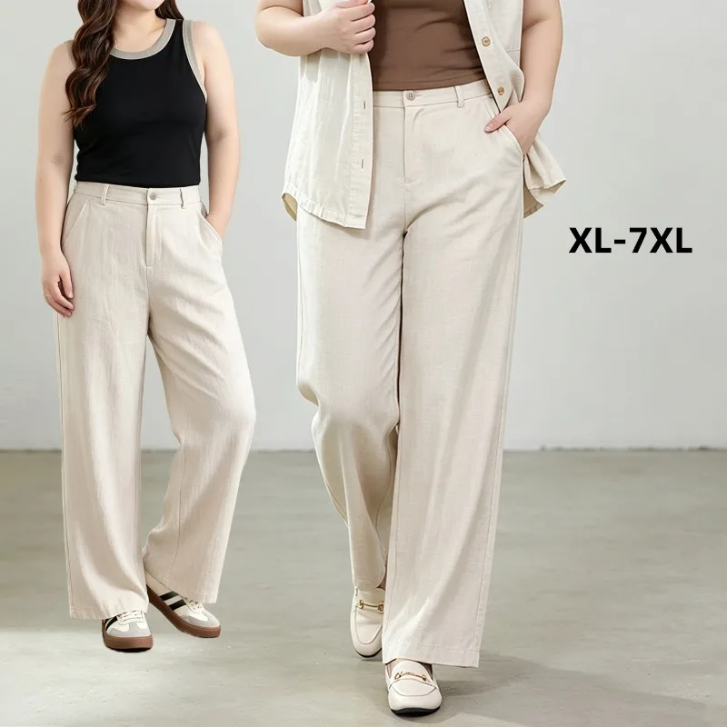 Plus Size Summer Women Linen Wide Leg Pants 7XL 6XL Loose Fit Casual Breathable Palazzo Trousers High Waist Flowy Beach Pants