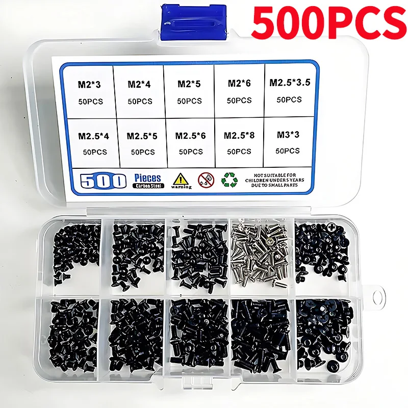 

500pcs/box M2 M2.5 M3 Carbon Steel Screws Flat Head Phillips Machine Screws Laptop Notebook Set Kit Computer Small Black Screw