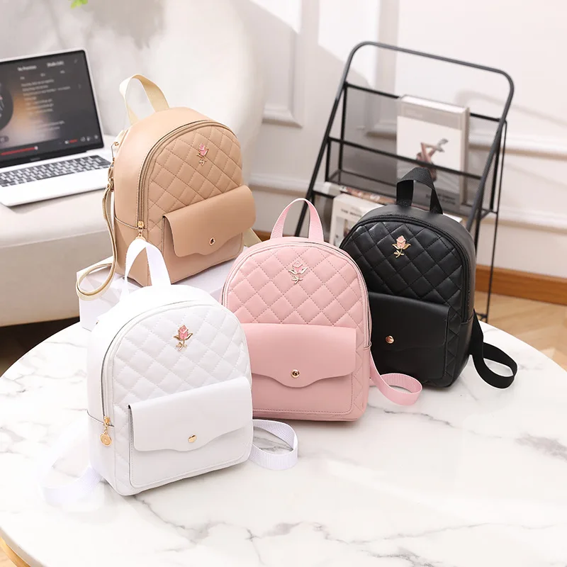 

Fashion Women's Bag Casual Quilted Small Backpack Handheld Shoulder Bag with Rose Decoration Double Shoulder Bag