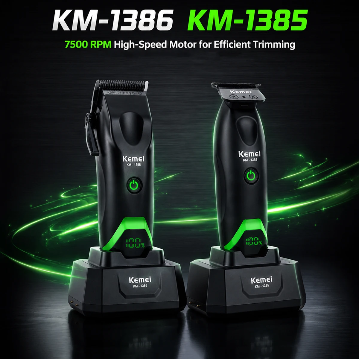kemei-プロフェッショナルバリカンキット男性用セラミック刃-7500rpm-dc-モーターとベース充電器付きヘアカットマシン-km-1386-1385