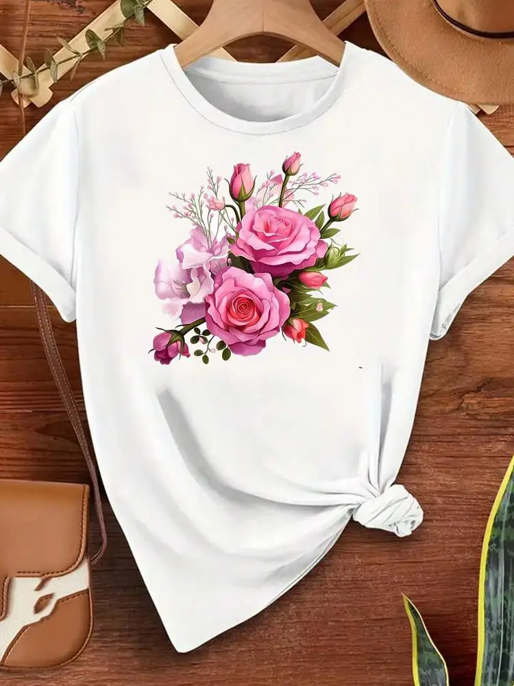 Modne słodkie kwiatowe koszulki damskie z okrągłym dekoltem, popularne, codzienne, z nadrukiem, z krótkim rękawem, odzież, moda damska, graficzne t-shirty.