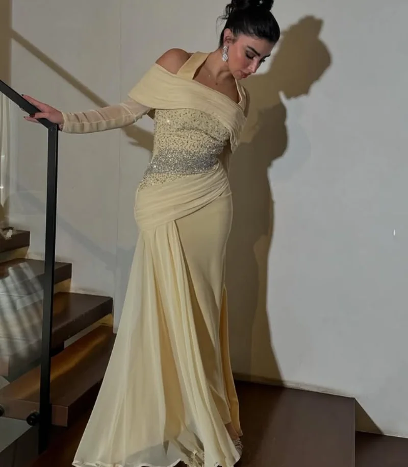 Вечерние вечерние платья из шифона нарцисса с открытыми плечами, блестящие длинные рукава, индивидуальное джерси, арабское платье для выпускного вечера, одежда