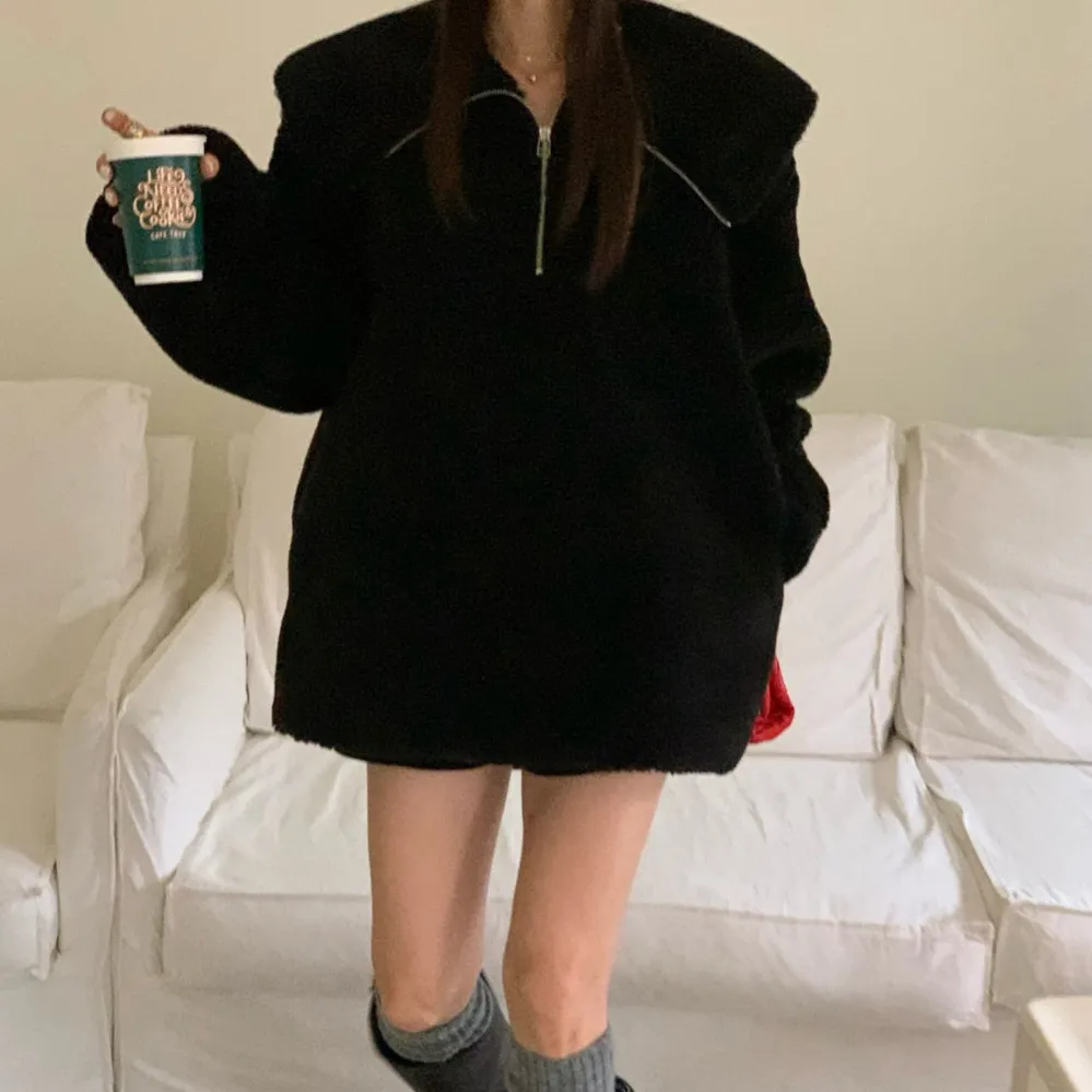 الكورية Sle المرأة شيك المتضخم هوديي طويل Sve رقيق عادية فضفاض صالح البلوز الخريف الشتاء تنوعا تصميم بسيط