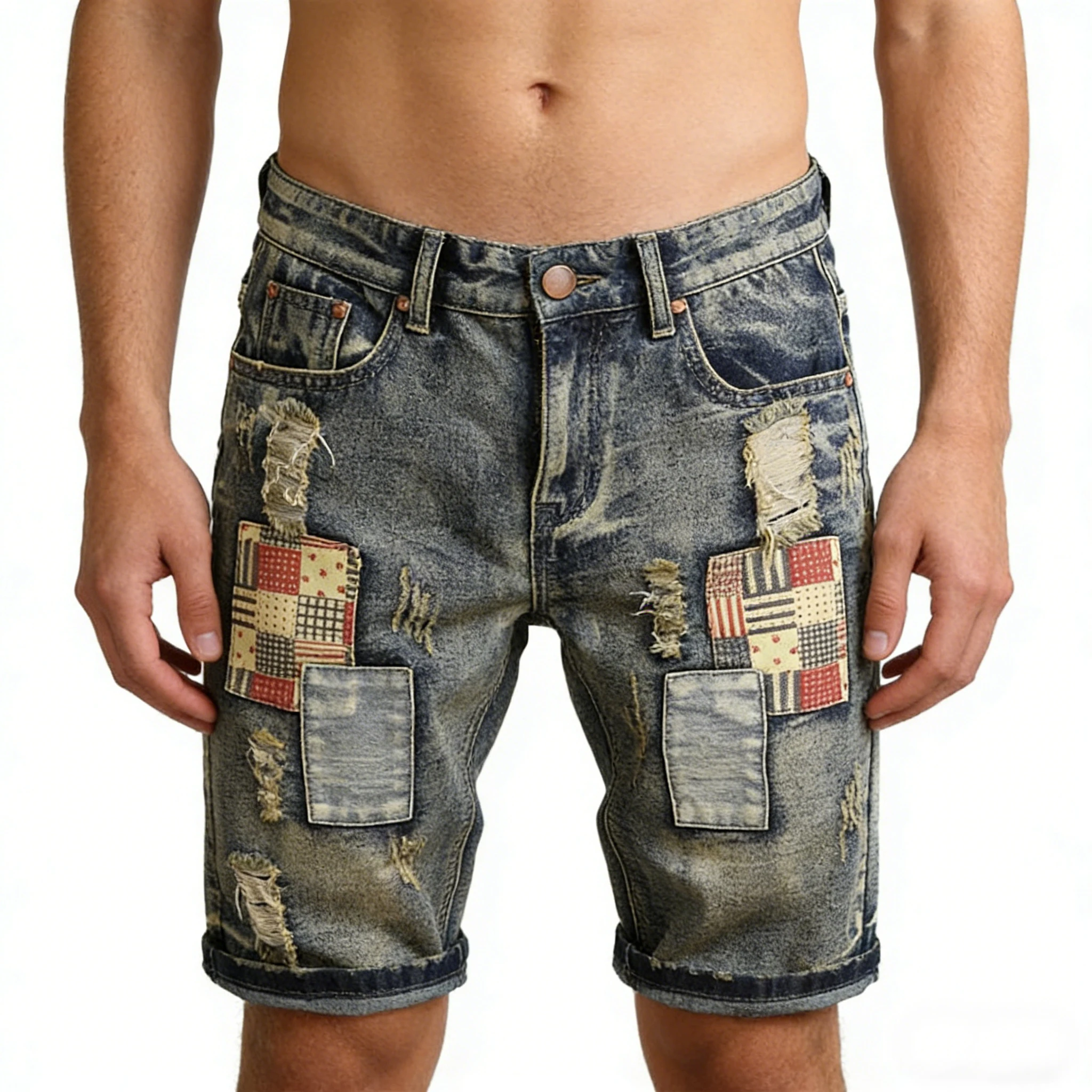 

2026 new style men's summer casual fashion vintage washed denim shorts trendy ripped patchwork vintage style easy-matching short