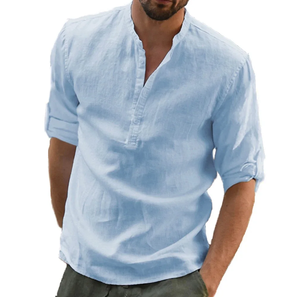 Autumn New Men's Cotton Linen Shirt Loose Fit Casual Long Sleeve Tees Stylish Breathable Solid Color Henley Neck Tops