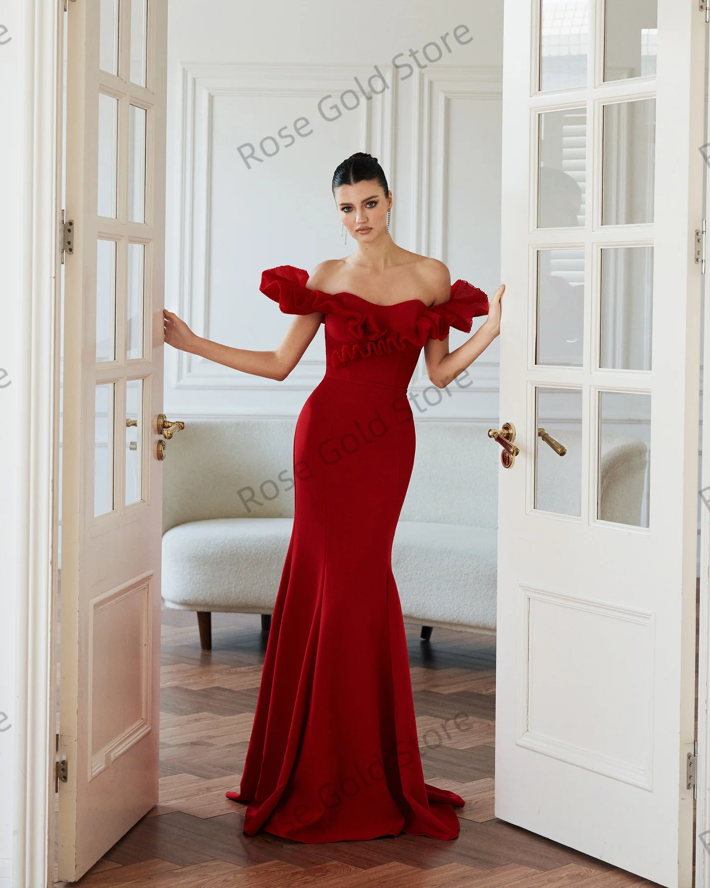 Elegante zeemeermin dames avondjurk rood off-shoulder vlek vestido de gala op maat gemaakte kralen formele sweep trein galajurk