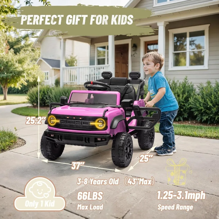 12V Ride on Toy for  Bronco Raptor Electric Car with Parent Remote Control Battery Powered Truck Car with 4-Wheel Suspension LE