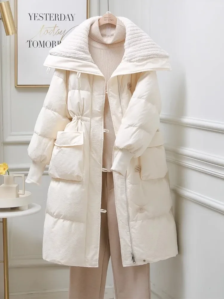 Casaco retrô de inverno estilo britânico feminino, lapela grande, solto, casual, quente, casaco longo, espesso, cintura fina, Parkas femininas, na moda