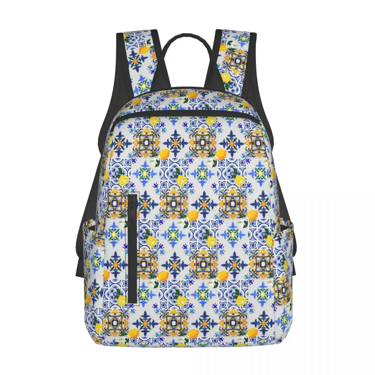 Majolica,Lemons,Sicilian Tiles,citrus,flowers,tiles,summer Backpack Daypack Children BookBag School Bag Shoulder Bags Men Women
