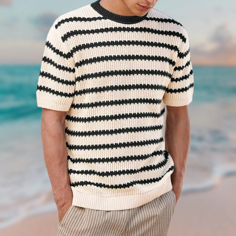 

Vintage Striped Jacquard Knitted T Shirts Mens Short-sleeved O Neck Knit Jumper Tops Summer Casual Slim Fit Men Sweater T-shirt