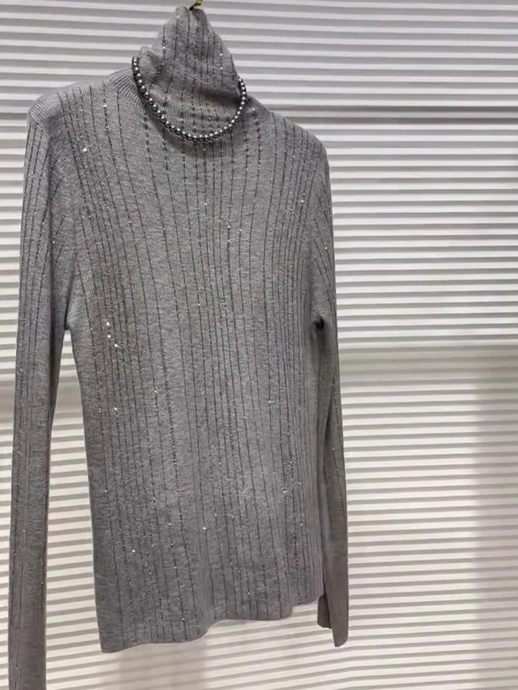 Bequemer High-Ne-Strickpullover für Damen, Innenbekleidung, faionable, luxuriös, vielseitiges Oberteil, Frühlings-Herbst-Saison, mit Perlen verziert