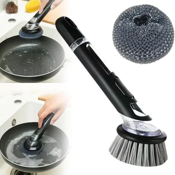 Dish Brush with Soap Dispenser, Long Handle Dishwashing Brush with Replaceable Heads…