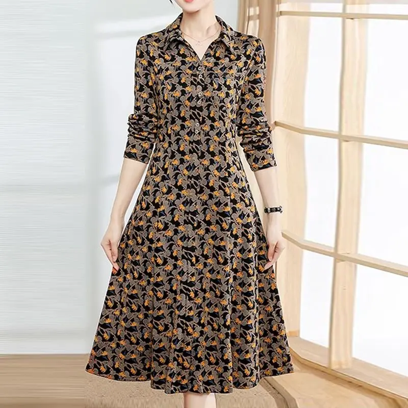 วินเทจดอกไม้พิมพ์ลายชุดมิดิเสื้อผ้าหญิงปิดกระดุมฤดูใบไม้ผลิฤดูใบไม้ร่วงเอ-ไลน์เอวแขนยาว XQ157