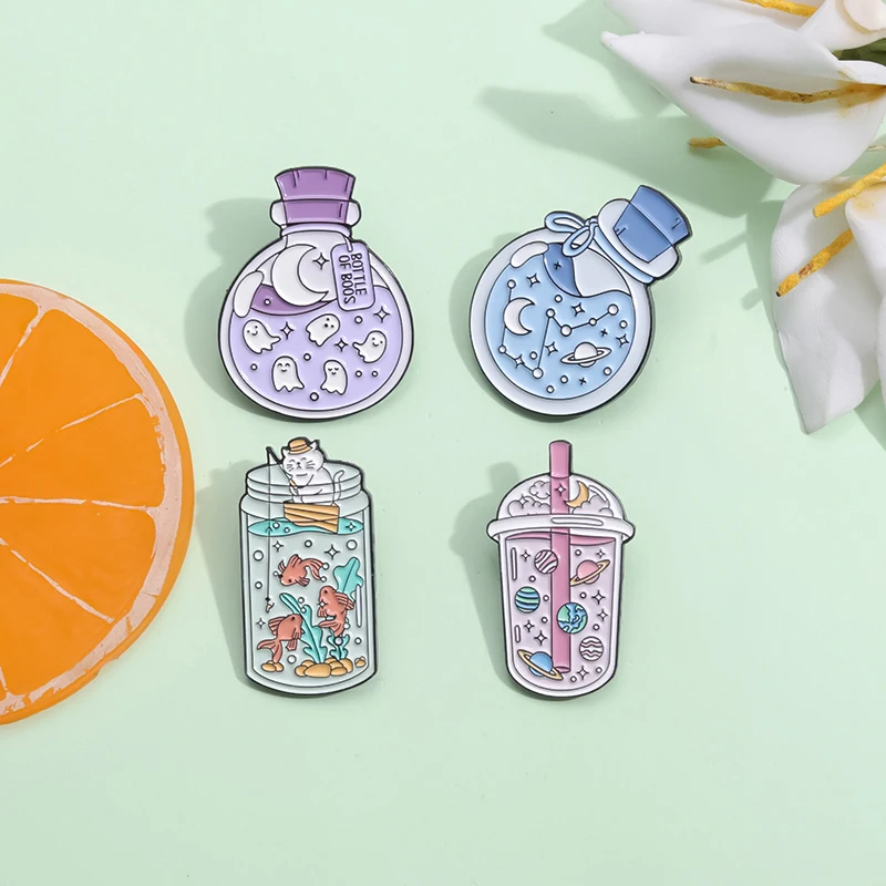 Cartoon Ocean Starry Sky Bottle Enamel Pins Planet Fish Boo Cute Brooches Backpack Lapel Badge Jewelry Accessory Gift for Friend