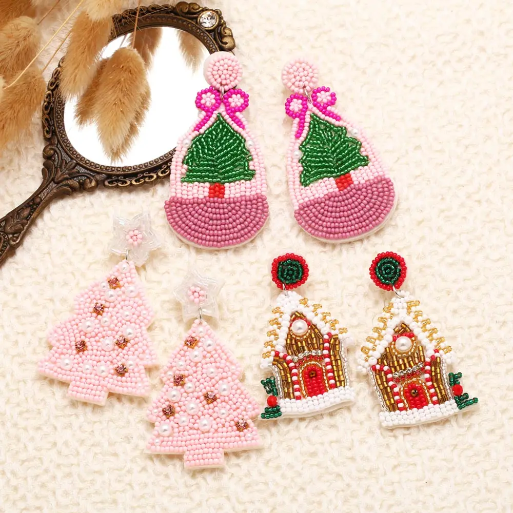 FLOLA Pink Christmas Tree Beaded Earrings for Women Handmade Seed Bead Earrings Braided Jewelry Xmas Gifts oorbellen ersy24